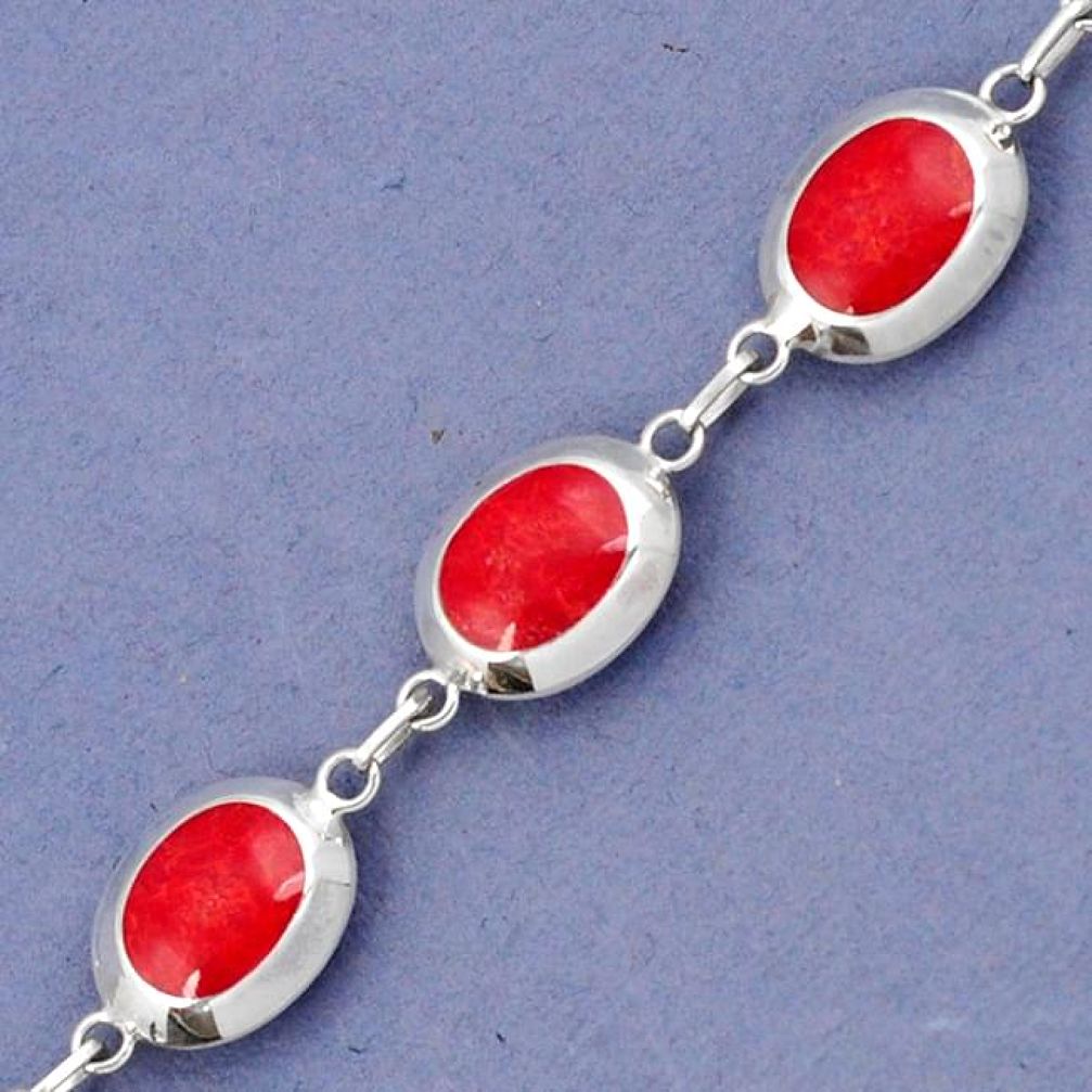 925 SILVER GALLANT RED SPONGE CORAL PEARL ENAMEL OVAL BRACELET JEWELRY H41512