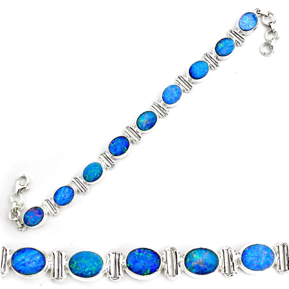 925 silver 30.39cts natural blue doublet opal australian tennis bracelet p70756