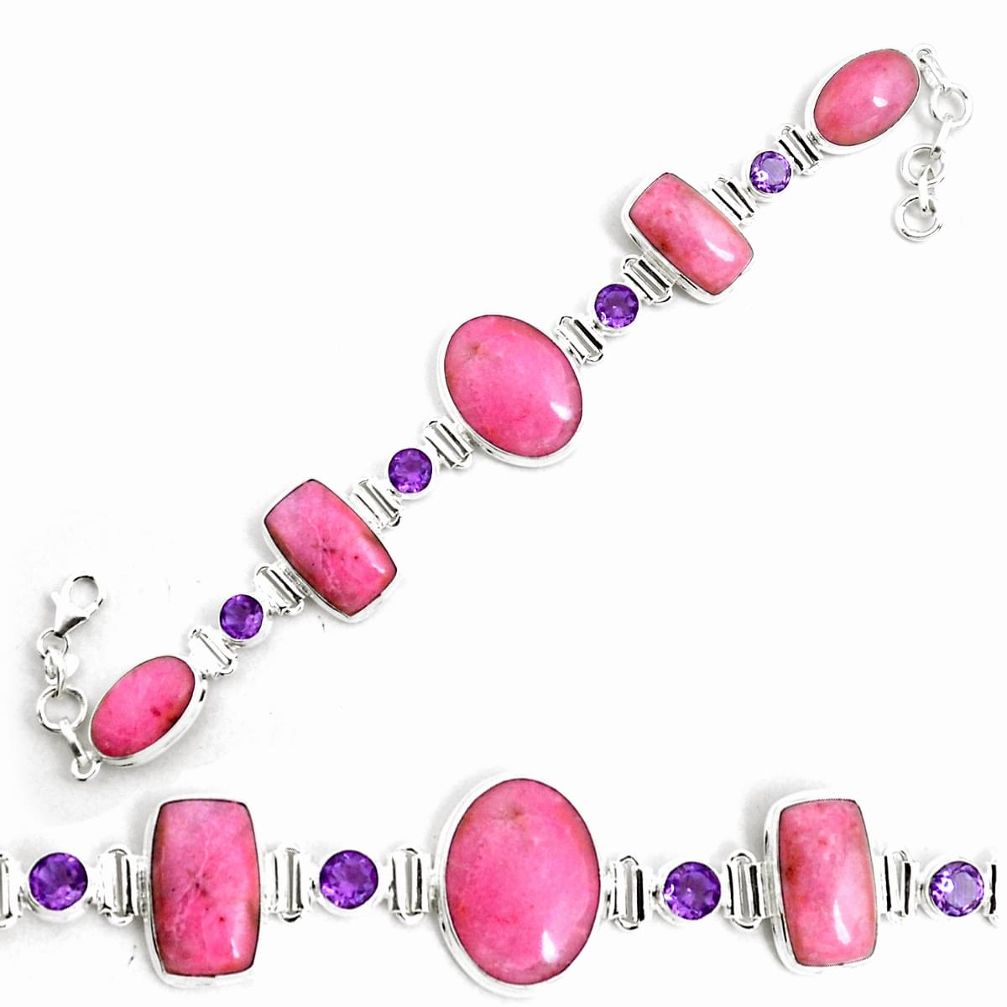 925 silver 64.23cts natural pink petalite purple amethyst tennis bracelet p69717