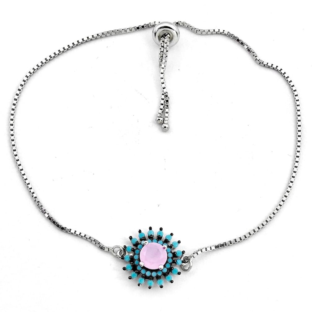 925 silver 3.32cts natural pink rose quartz turquoise tennis bracelet c4465
