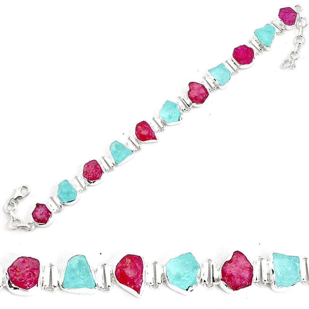 925 silver natural pink ruby rough aquamarine rough tennis bracelet p35653