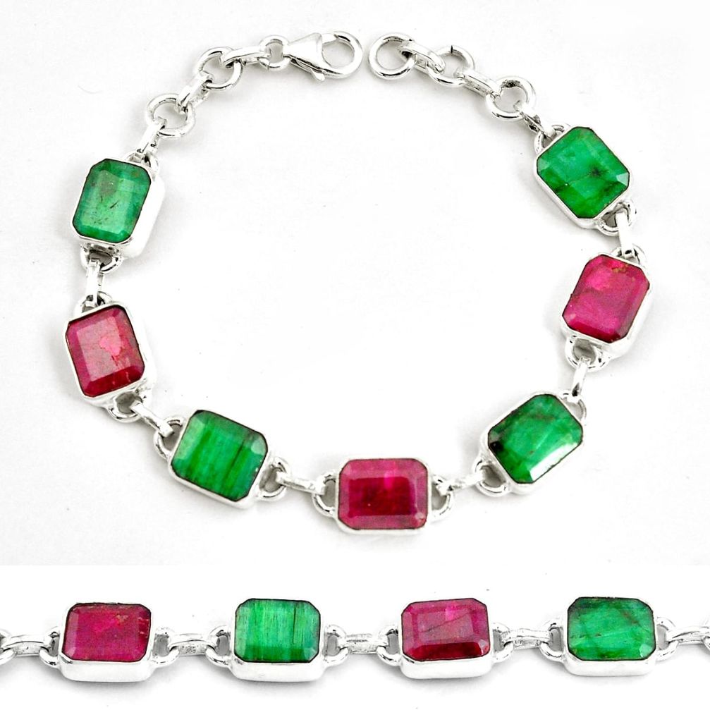 925 silver 30.19cts natural red ruby green emerald tennis bracelet p76777