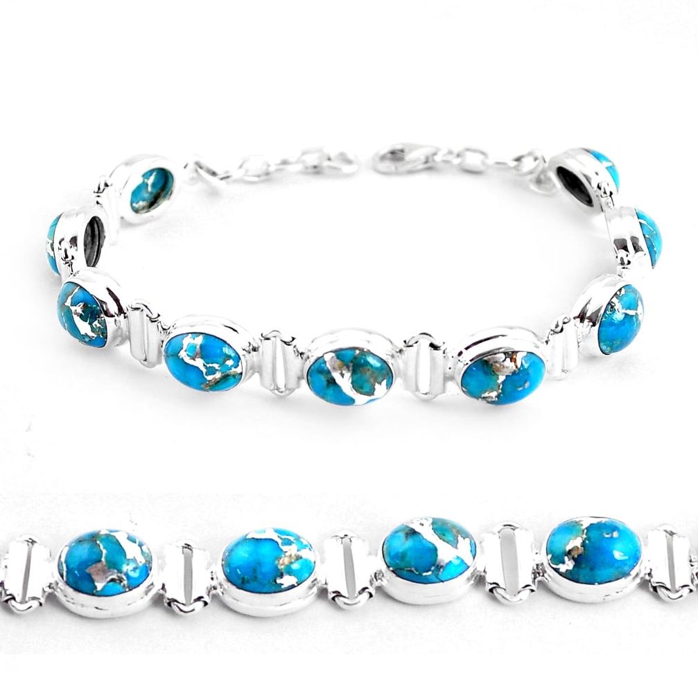 925 sterling silver 34.70cts blue copper turquoise oval tennis bracelet p48104
