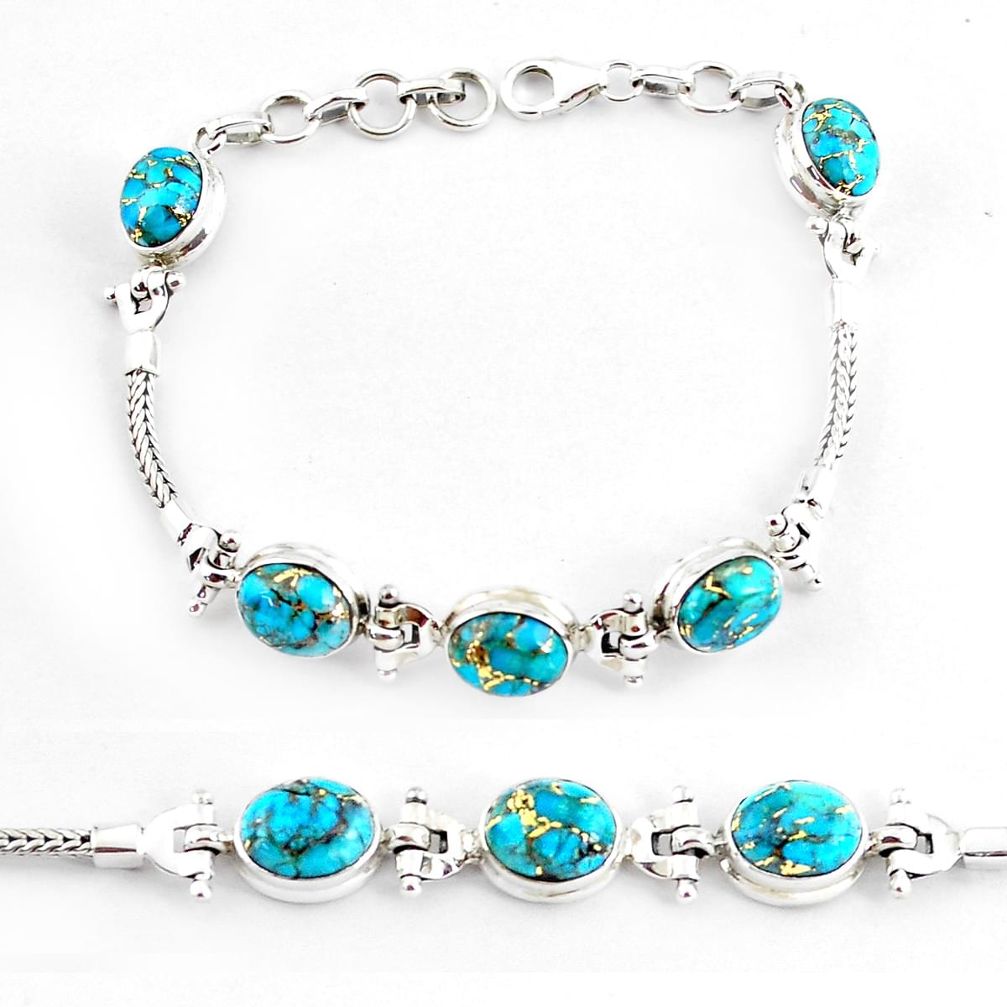 925 sterling silver 22.04cts blue copper turquoise tennis bracelet p54829