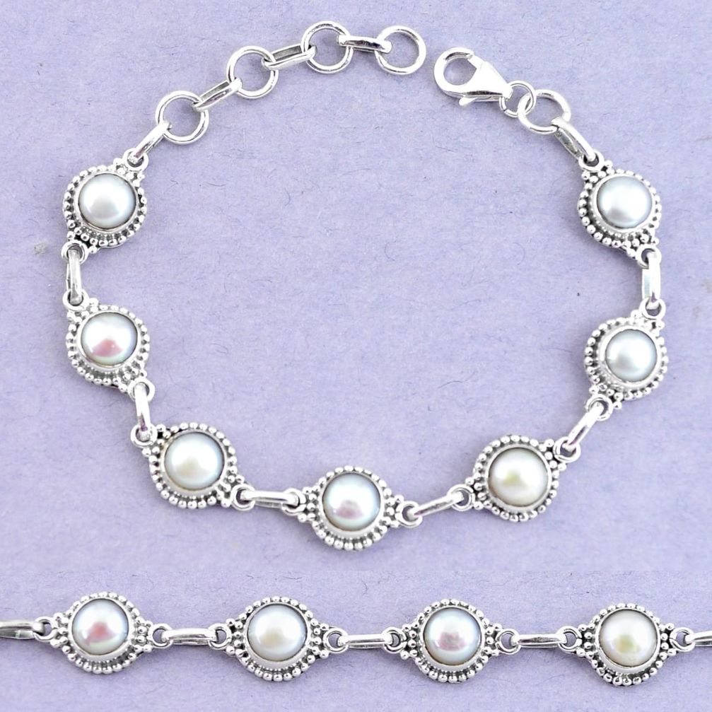 925 sterling silver 16.83cts natural white pearl round tennis bracelet p65146