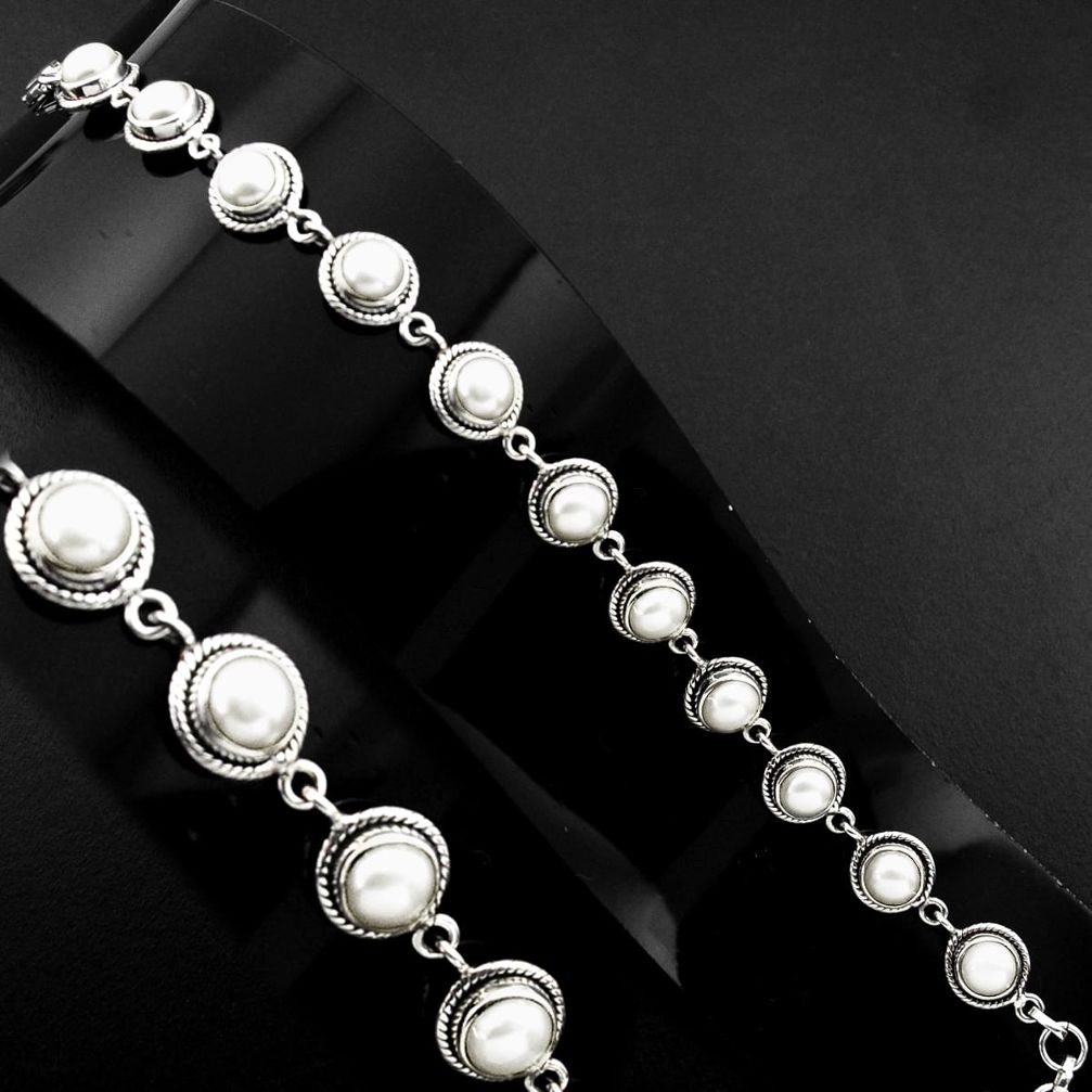 925 sterling silver 22.36cts natural white pearl round tennis bracelet p89150