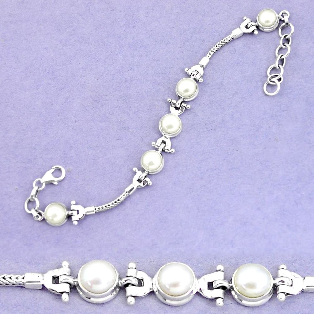 925 sterling silver 14.37cts natural white pearl tennis bracelet jewelry p54810