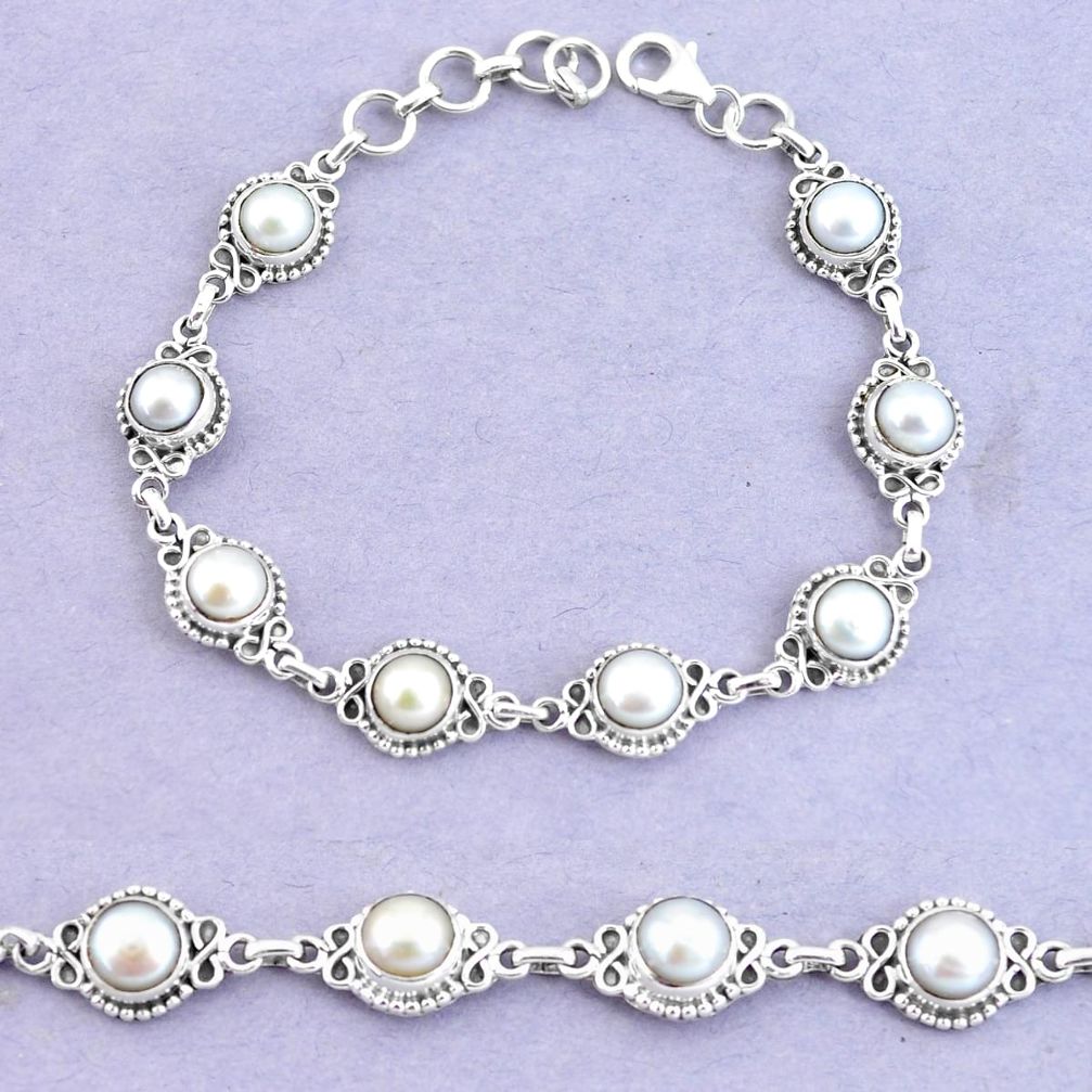 925 sterling silver 19.62cts natural white pearl tennis bracelet p65144