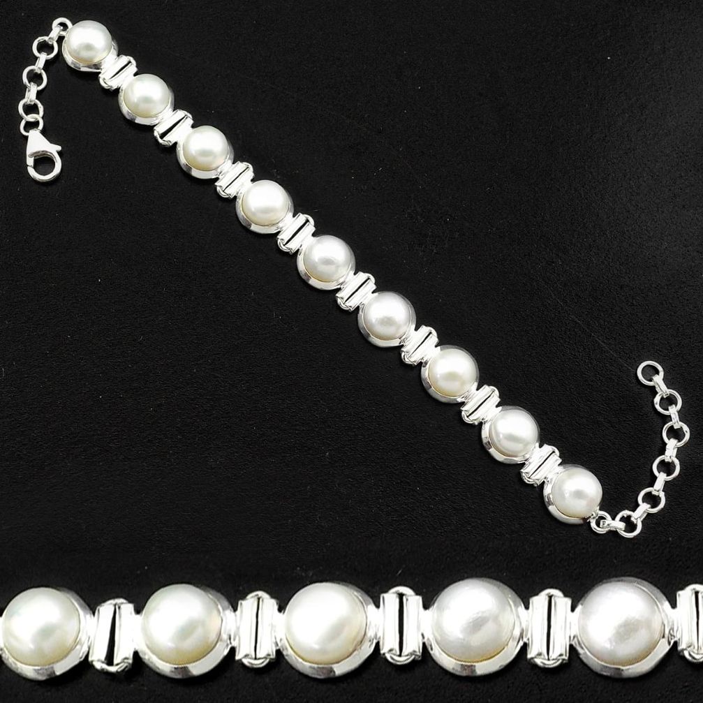 925 sterling silver 32.79cts natural white pearl tennis bracelet p81478