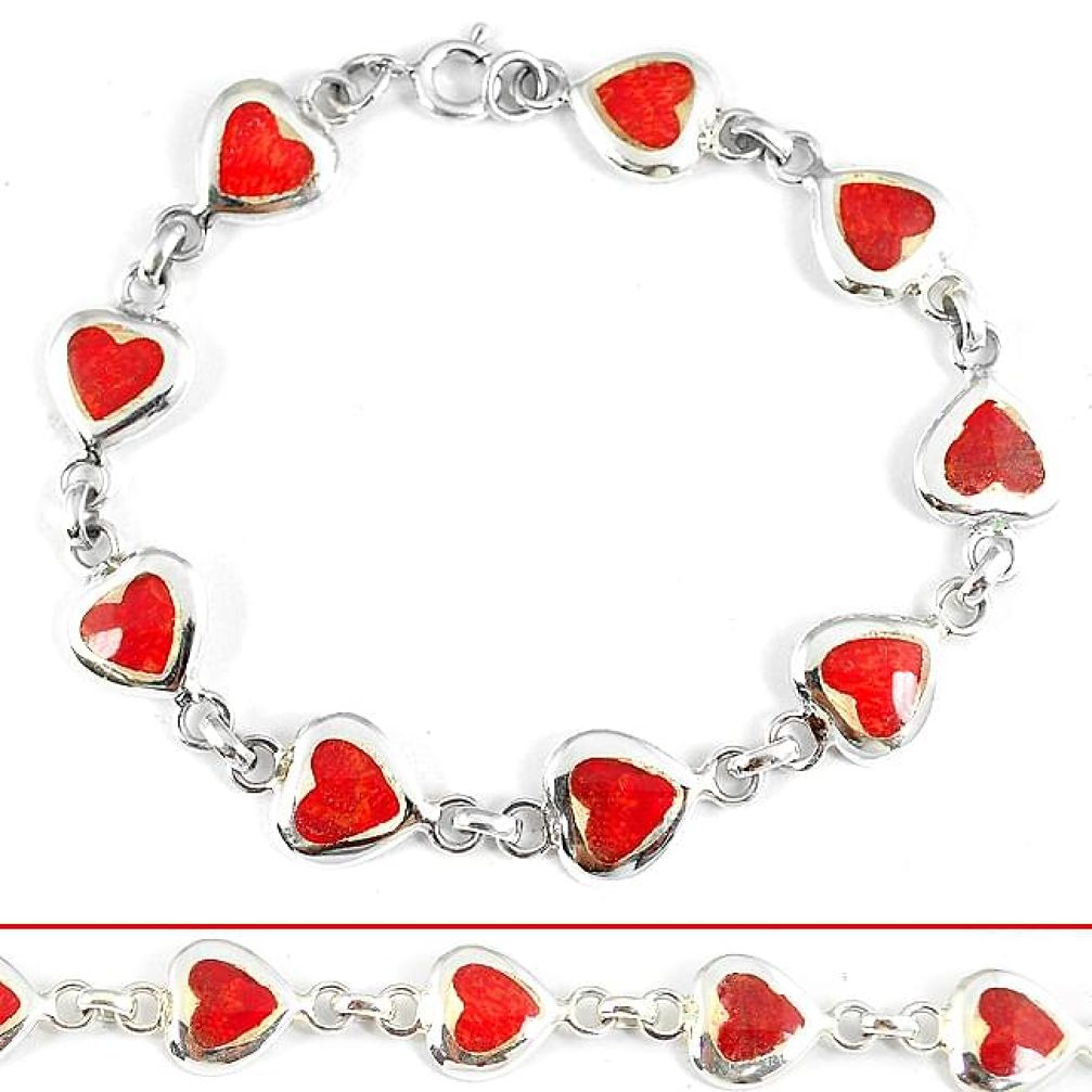 925 sterling silver red sponge coral enamel heart design link bracelet h47559