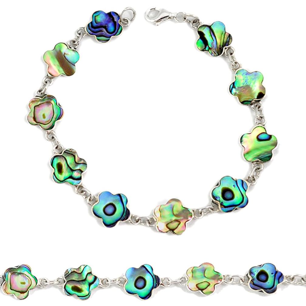 Green abalone paua seashell enamel 925 sterling silver flower bracelet a16221
