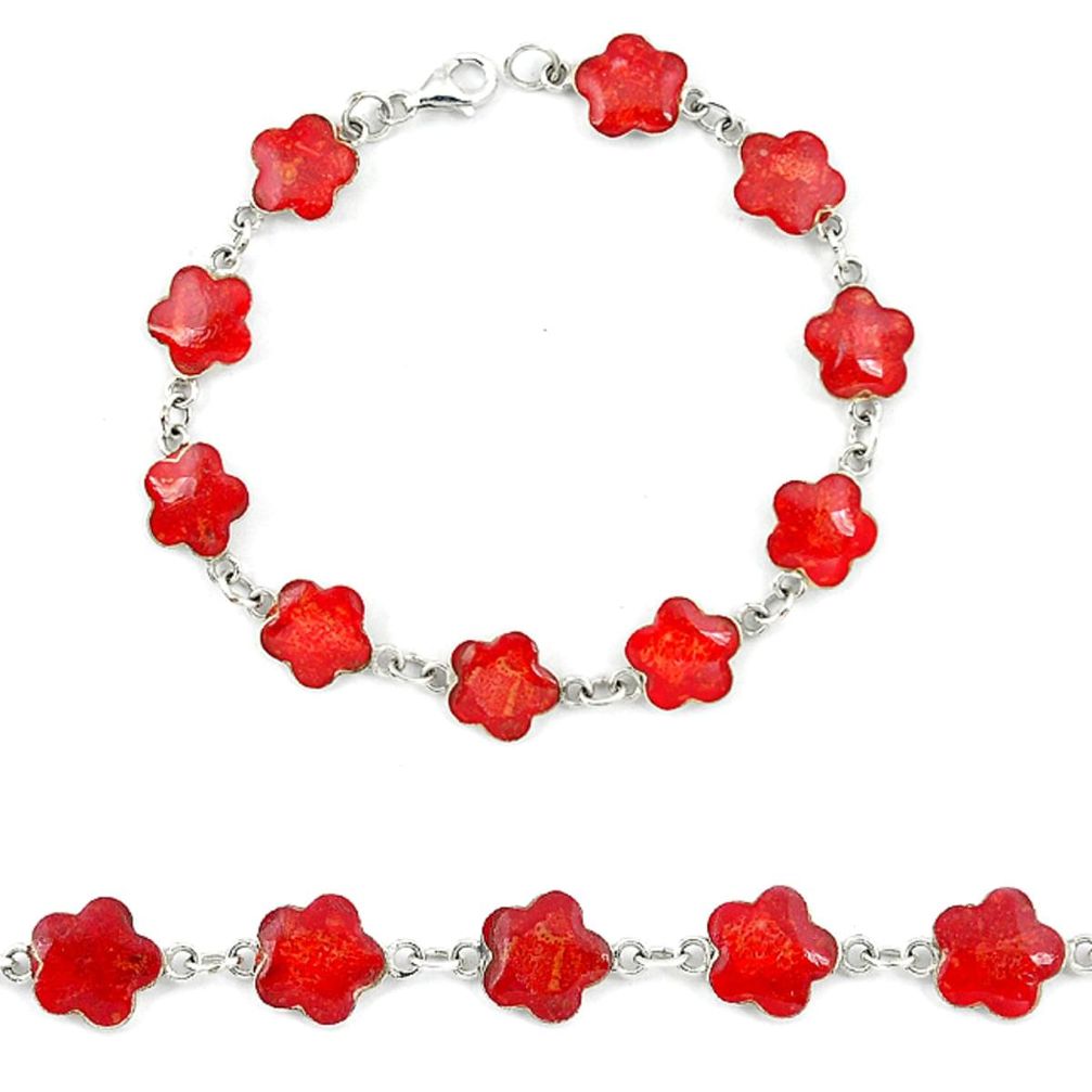 Red sponge coral enamel 925 sterling silver tennis bracelet jewelry a46637