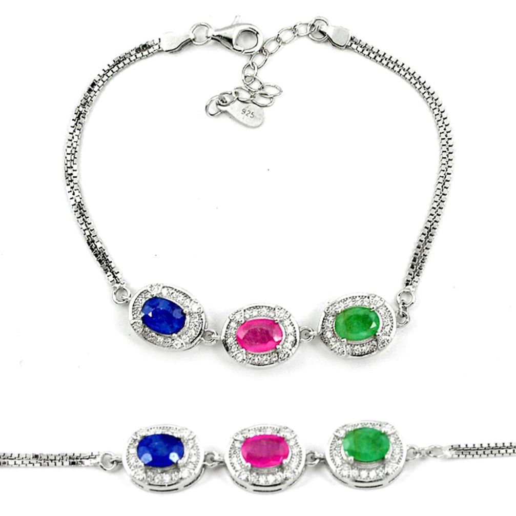Natural blue sapphire emerald ruby 925 sterling silver tennis bracelet a51685