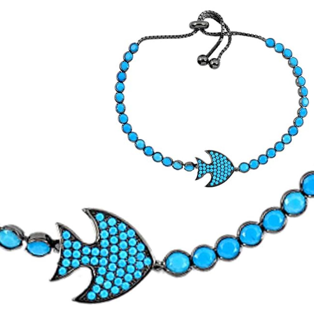 7.00cts adjustable fish blue sleeping beauty turquoise 925 silver bracelet