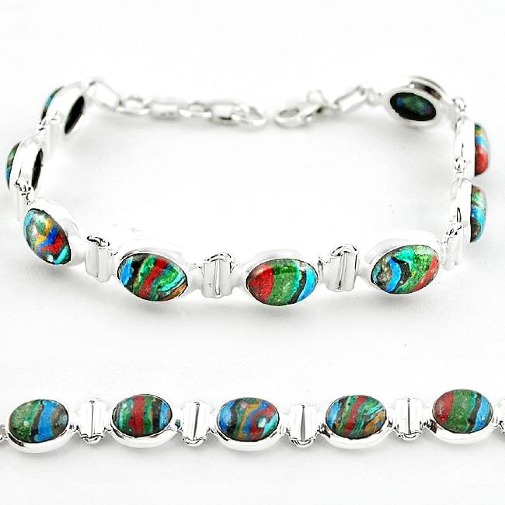 Natural multi color rainbow calsilica 925 sterling silver tennis bracelet b4624