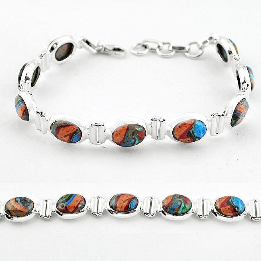 Natural multi color rainbow calsilica 925 sterling silver tennis bracelet b4626