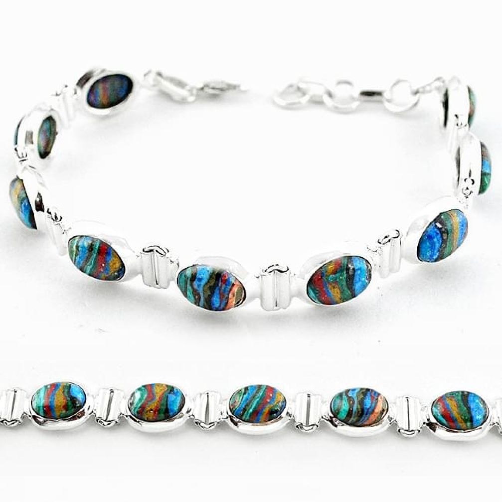 Natural multi color rainbow calsilica oval 925 silver tennis bracelet b4630