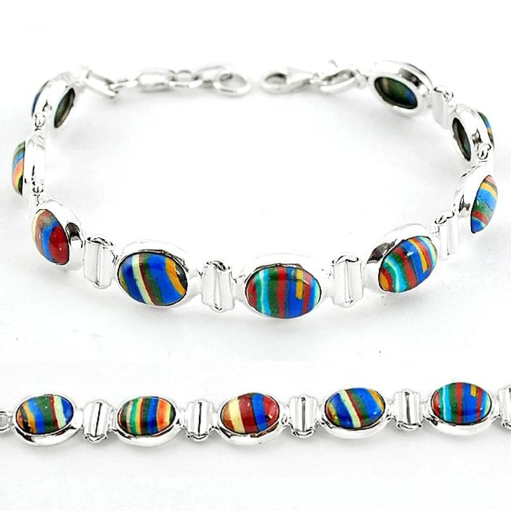 Natural multi color rainbow calsilica 925 sterling silver tennis bracelet b4632