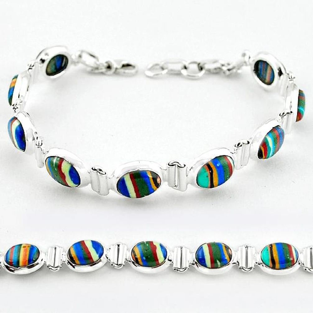 Natural multi color rainbow calsilica 925 sterling silver tennis bracelet b4633