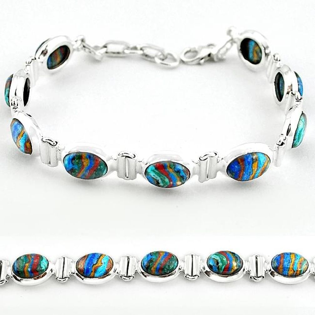 Natural multi color rainbow calsilica 925 sterling silver tennis bracelet b4634