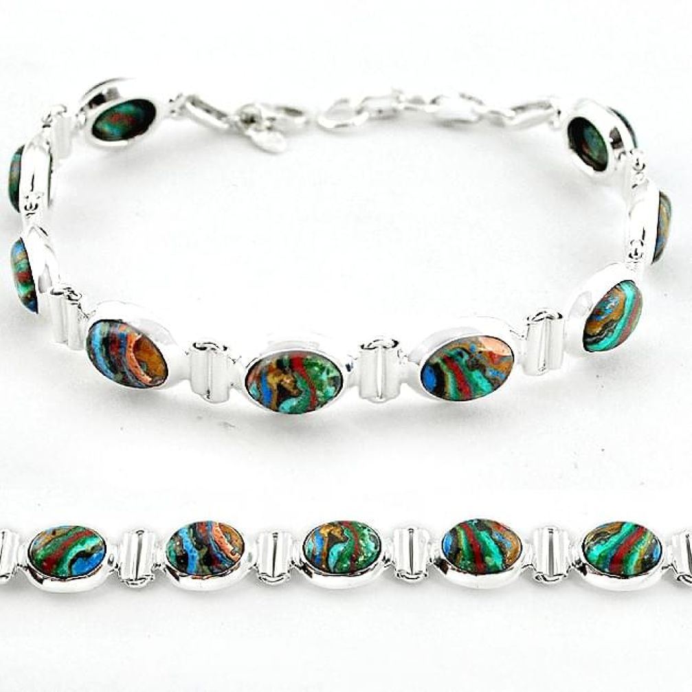 Natural multi color rainbow calsilica 925 sterling silver tennis bracelet b4637