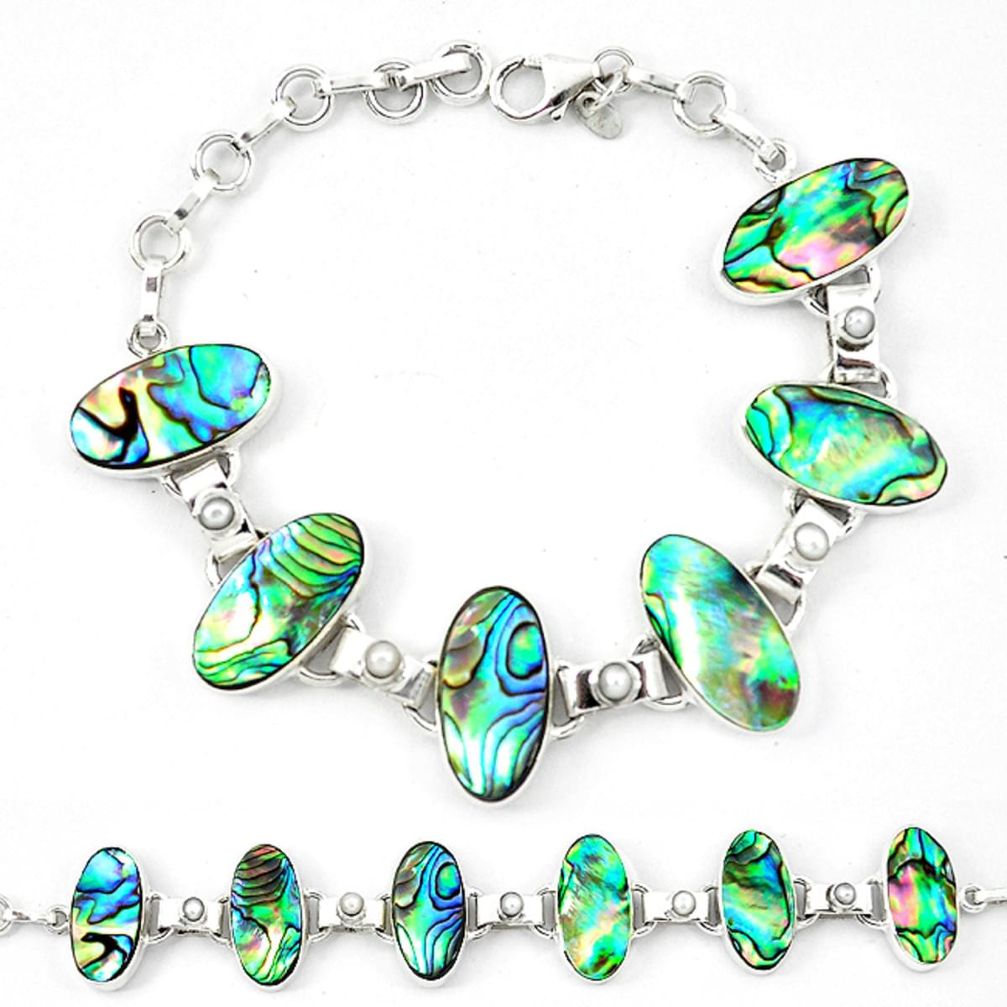 Natural green abalone paua seashell white pearl 925 silver bracelet d13828