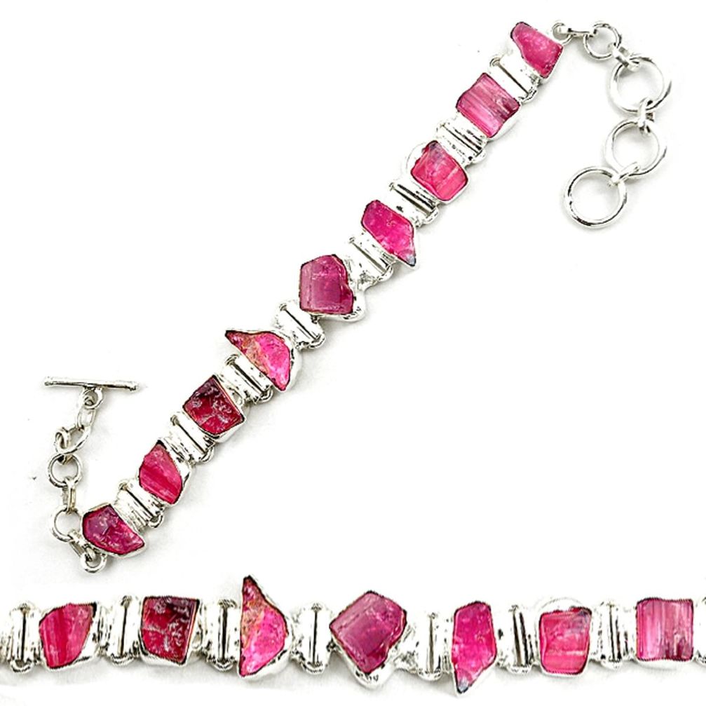 Natural pink tourmaline rough 925 sterling silver tennis bracelet d18055