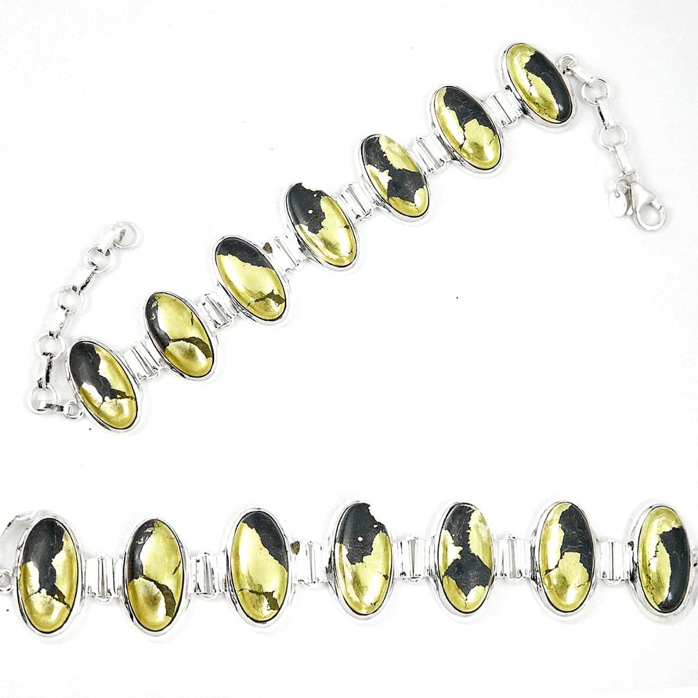 Natural golden pyrite in magnetite (healer's gold) 925 silver bracelet d23914