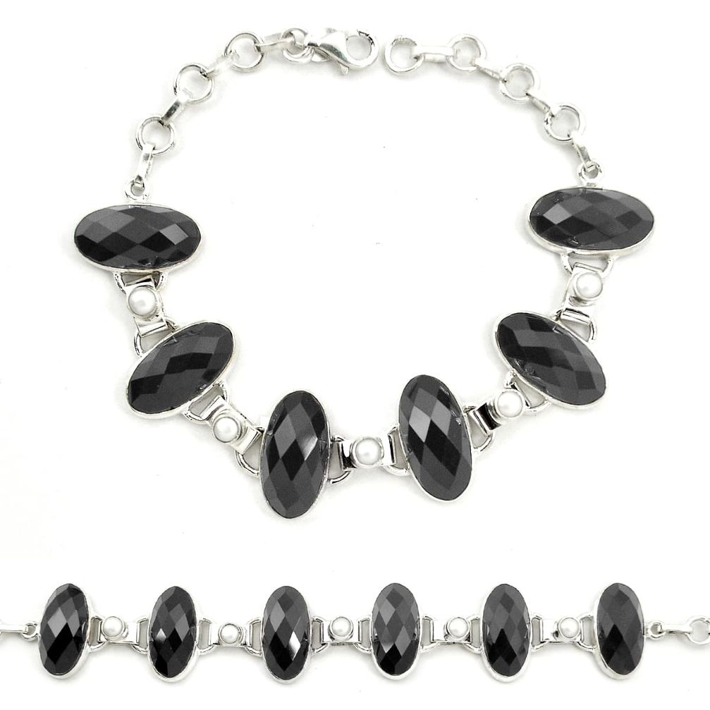 Natural black onyx pearl 925 sterling silver tennis bracelet jewelry d25872