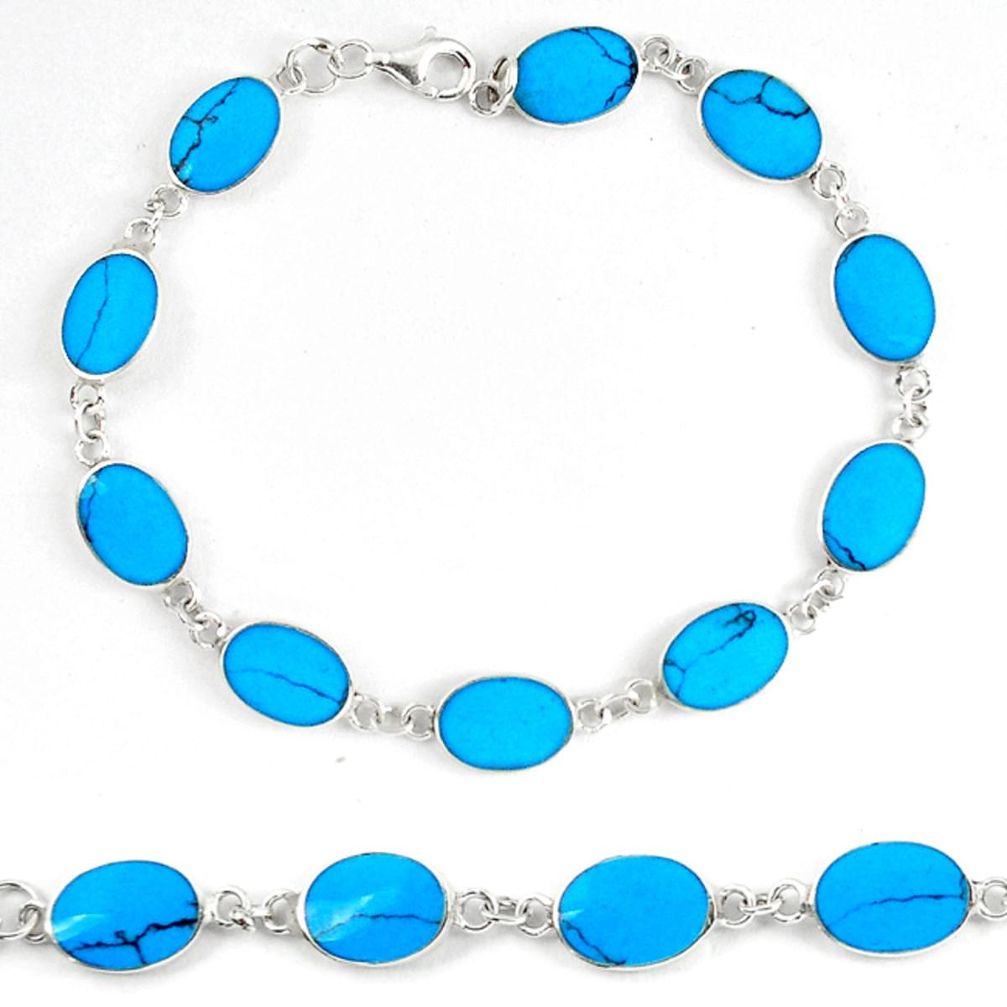 Fine blue turquoise enamel 925 sterling silver tennis bracelet jewelry d5626