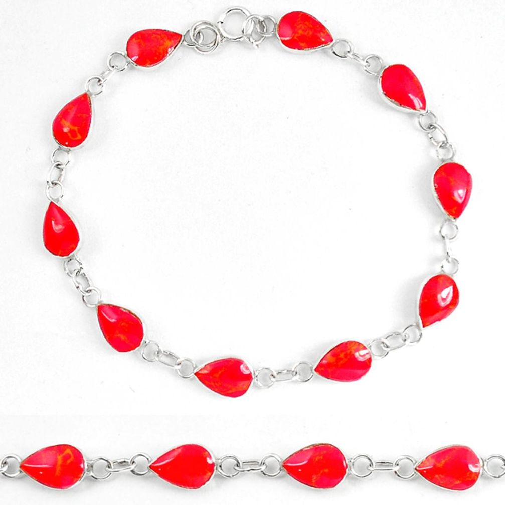 Red coral enamel 925 sterling silver tennis bracelet jewelry d5627