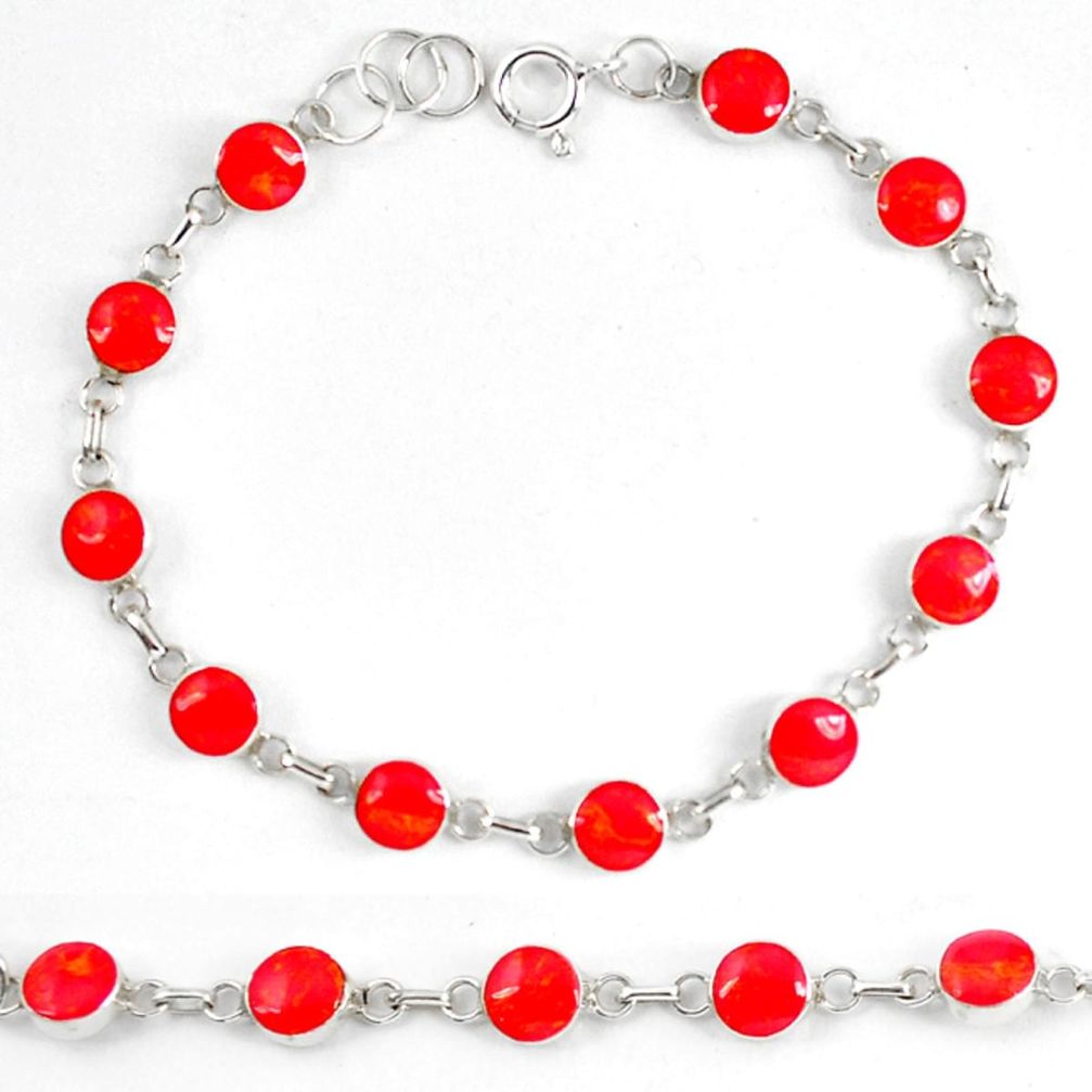 Red coral enamel 925 sterling silver tennis bracelet jewelry d5628