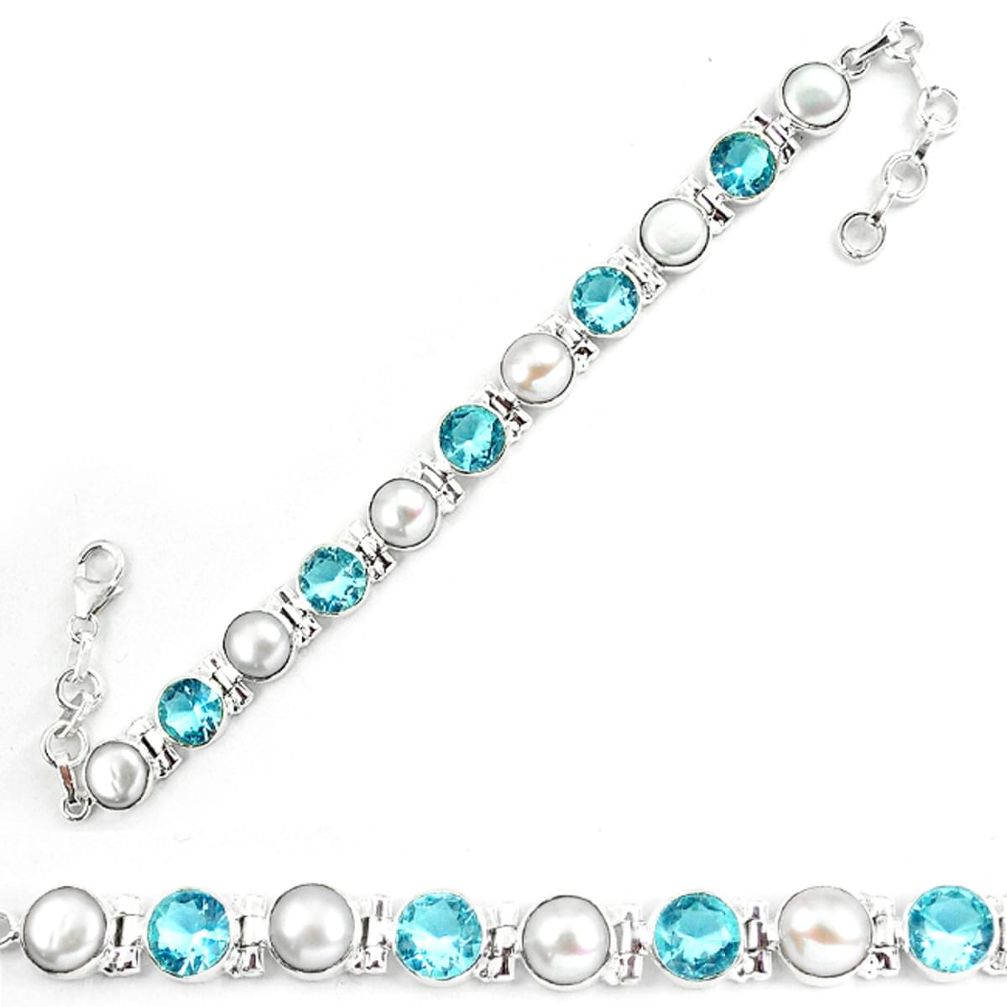 Natural blue topaz pearl 925 sterling silver tennis bracelet jewelry d5631