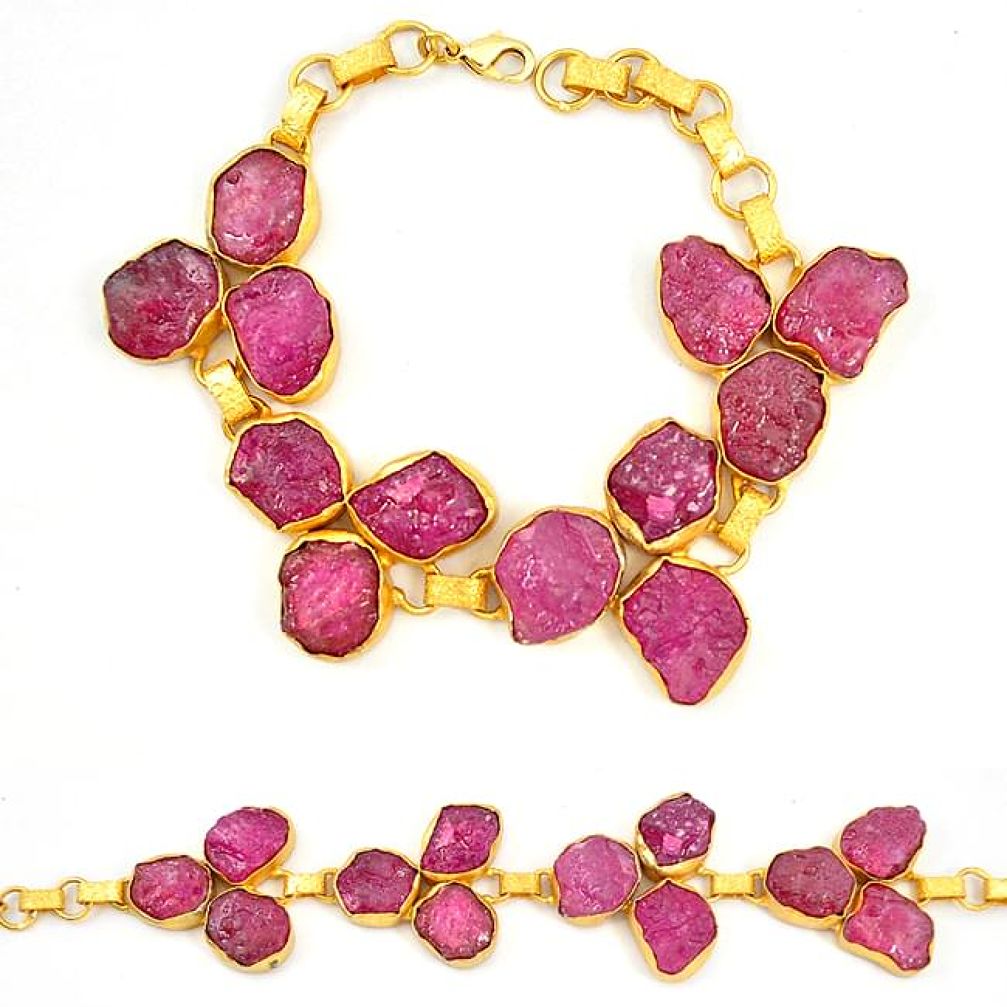 Natural pink ruby rough 14K gold over brass handmadebracelet healing crystals f2804