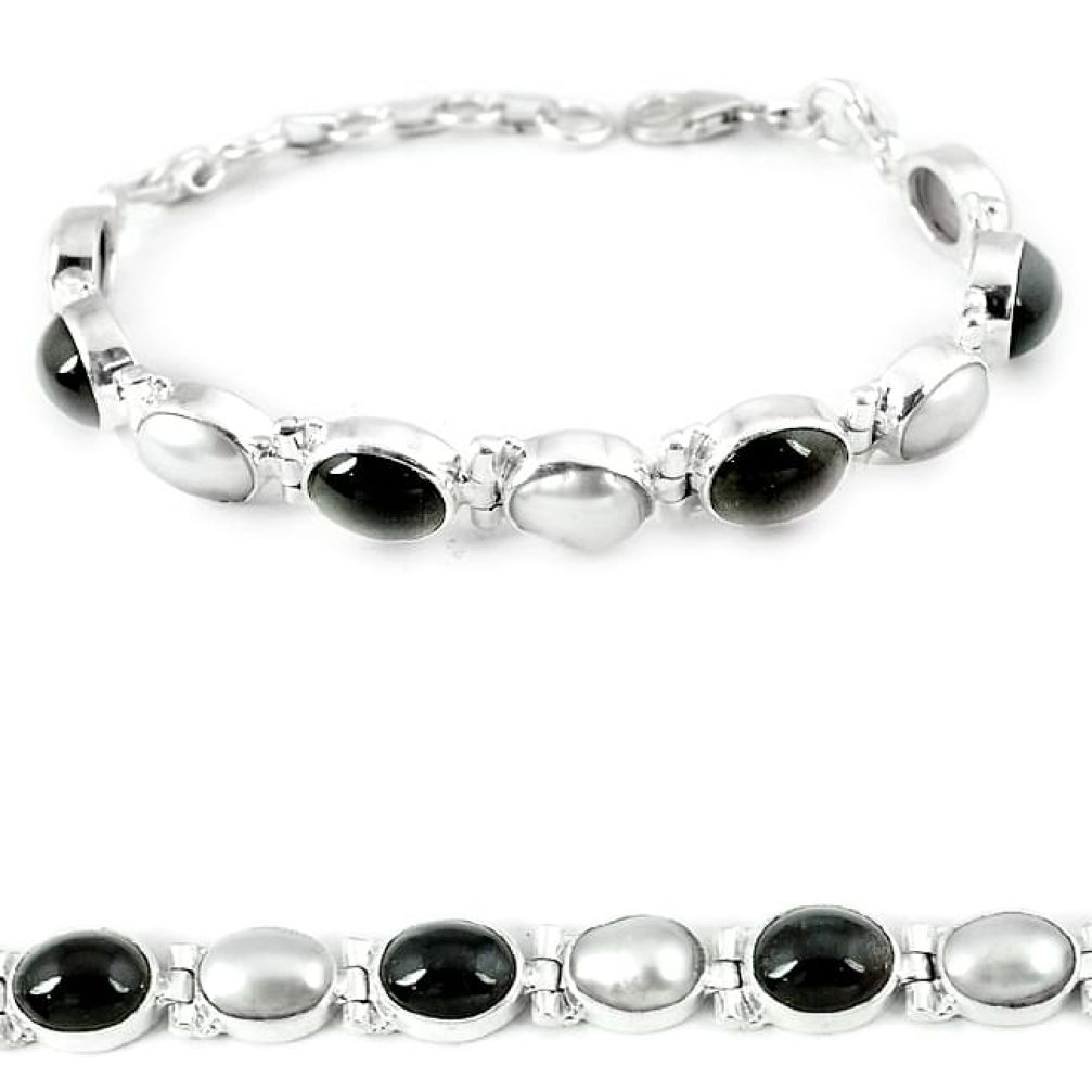 Natural black obsidian eye pearl 925 sterling silver bracelet jewelry j36999