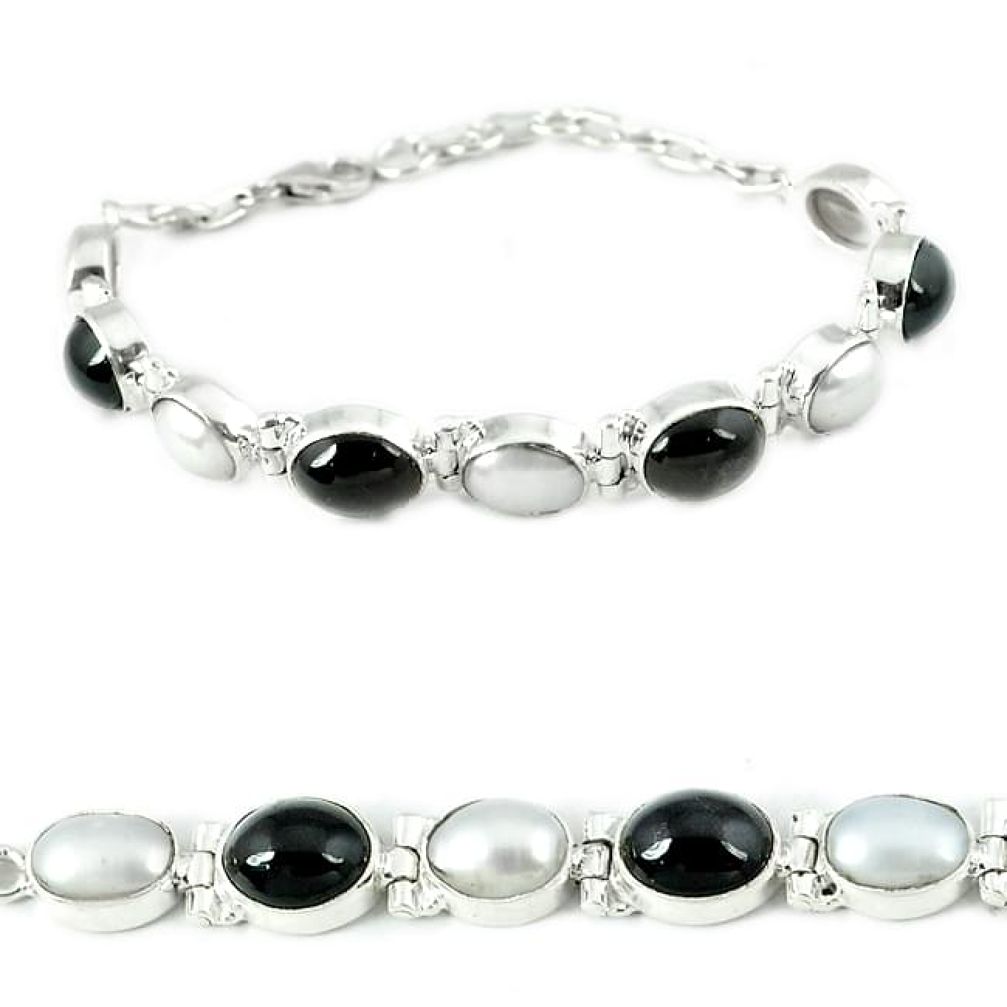 Natural black obsidian eye white pearl 925 sterling silver bracelet j37000