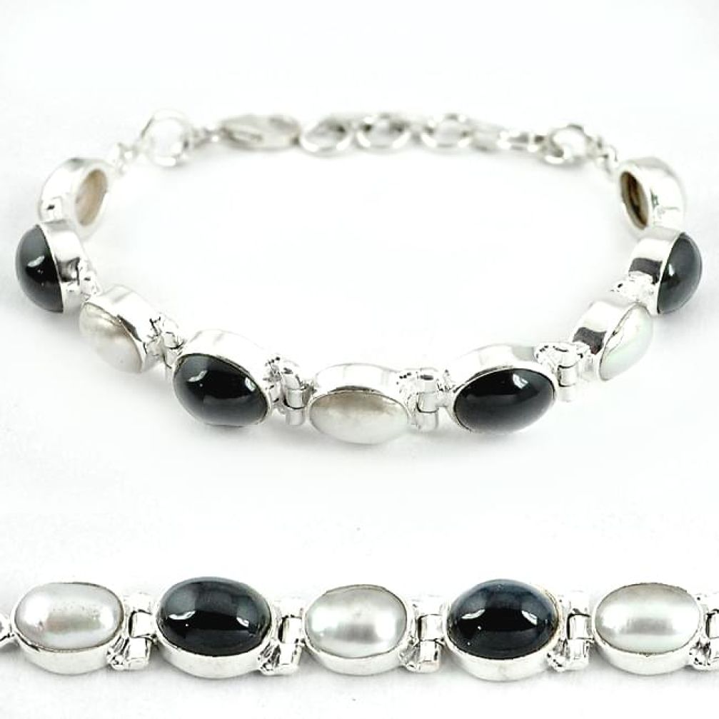 Natural black obsidian eye white pearl 925 sterling silver bracelet j39082