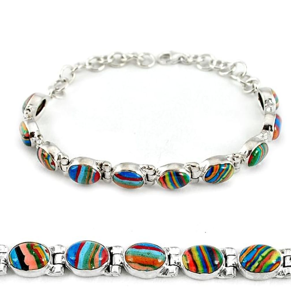 Natural multi color rainbow calsilica 925 silver bracelet jewelry j39091