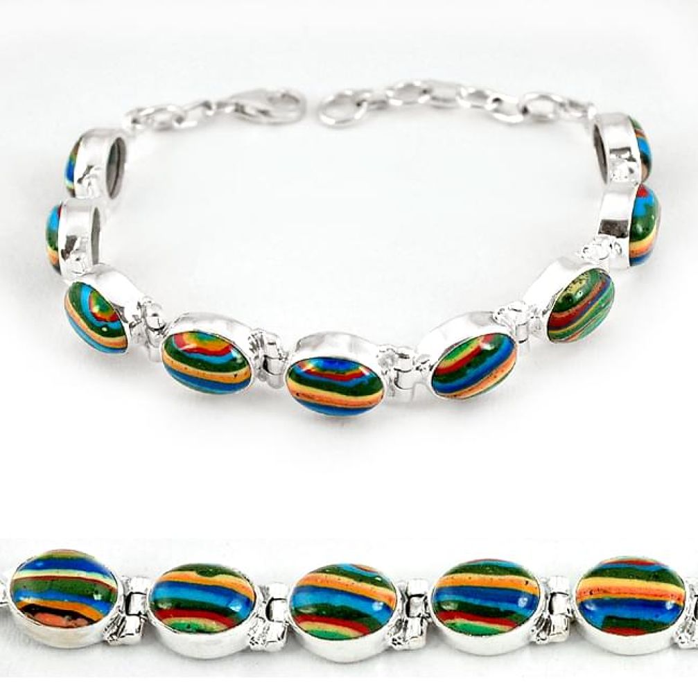 Natural multi color rainbow calsilica 925 sterling silver bracelet j39092