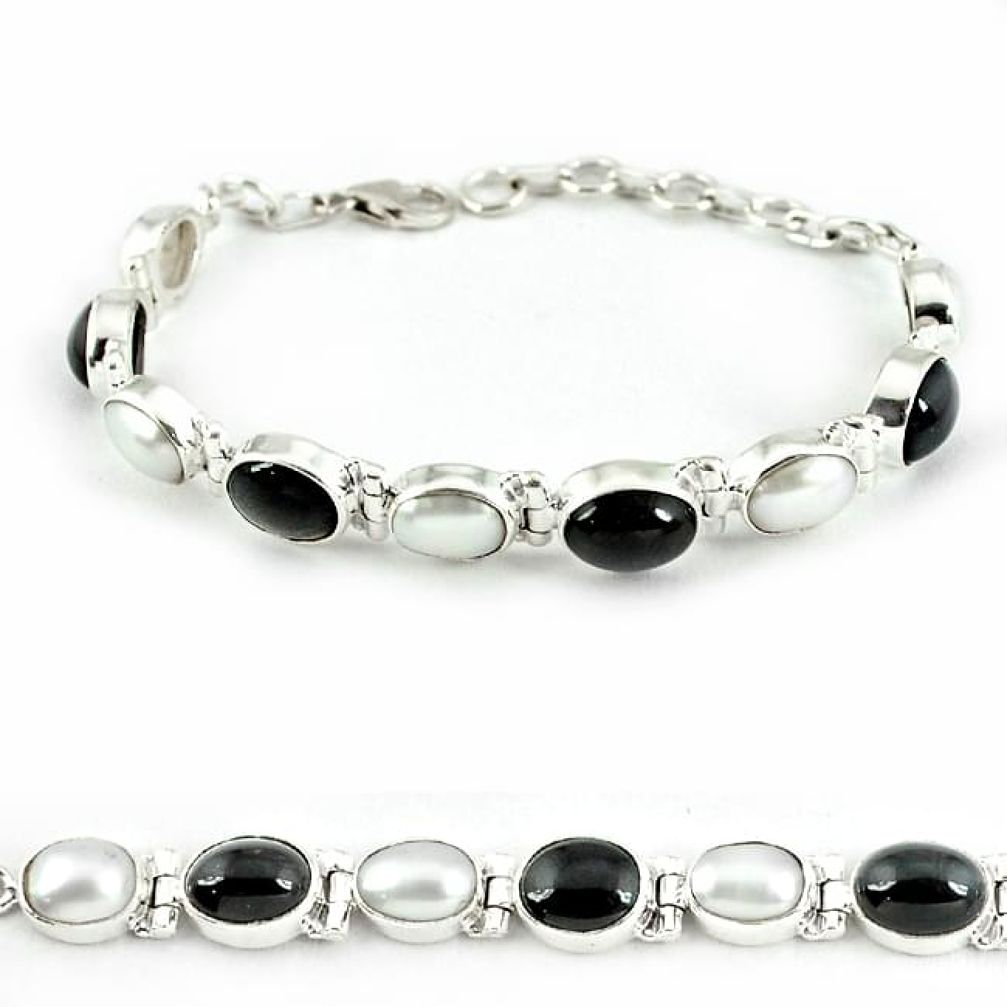 Natural black obsidian eye white pearl 925 sterling silver bracelet j39168