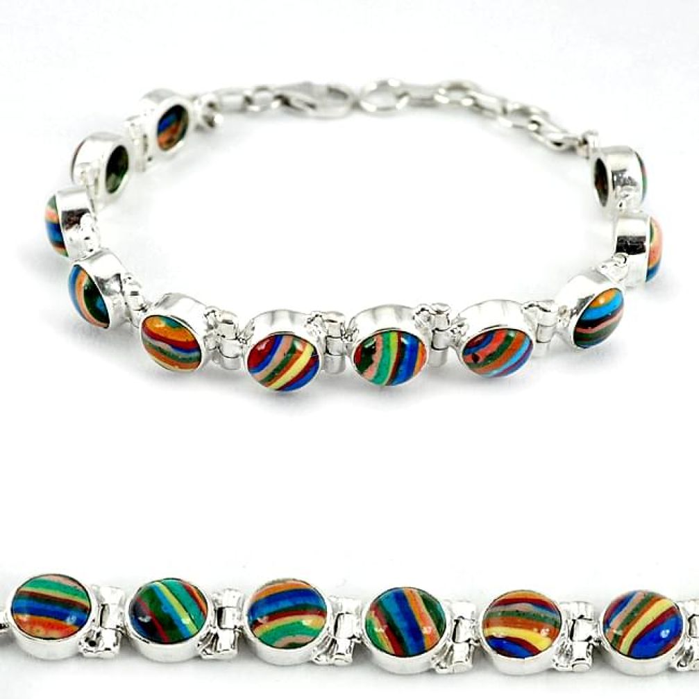 Natural multi color rainbow calsilica 925 sterling silver bracelet j39180