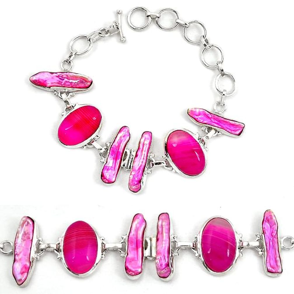 Natural pink botswana agate biwa pearl 925 sterling silver bracelet j42942