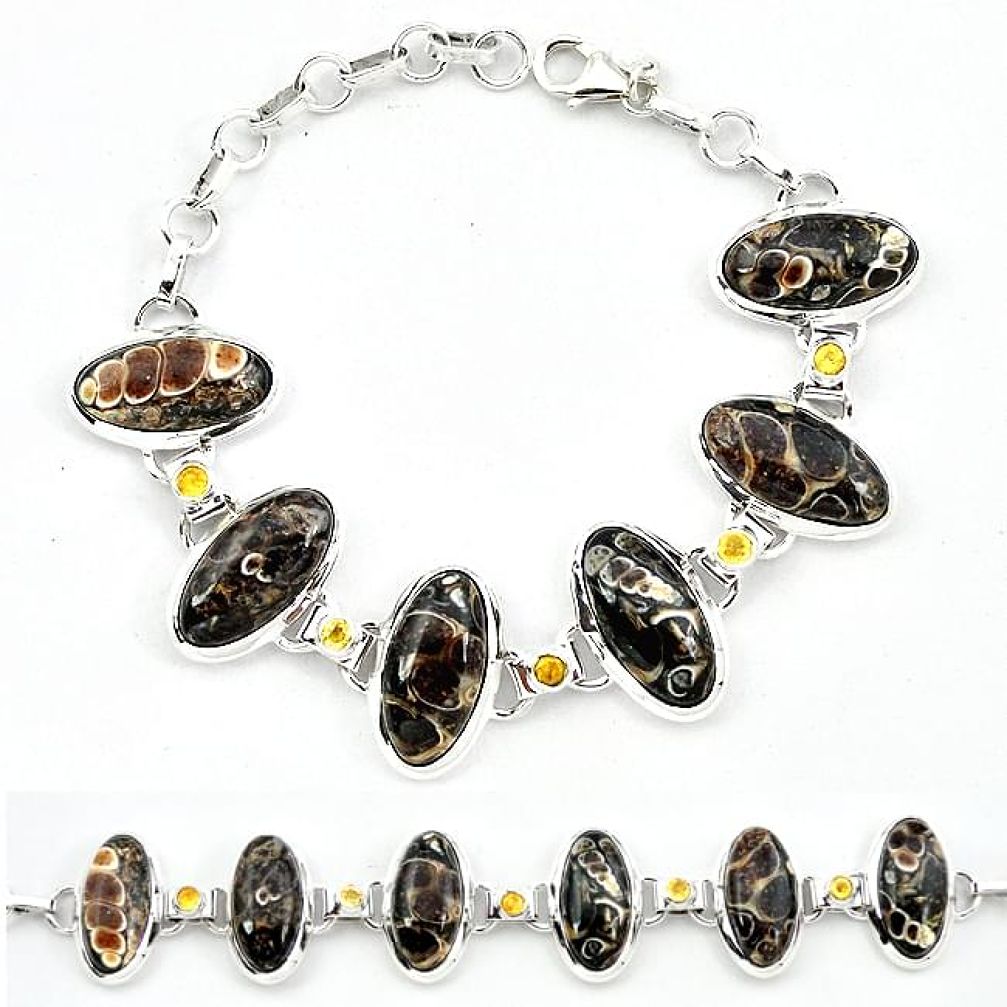 Natural brown turritella fossil snail agate 925 silver tennis bracelet j52303