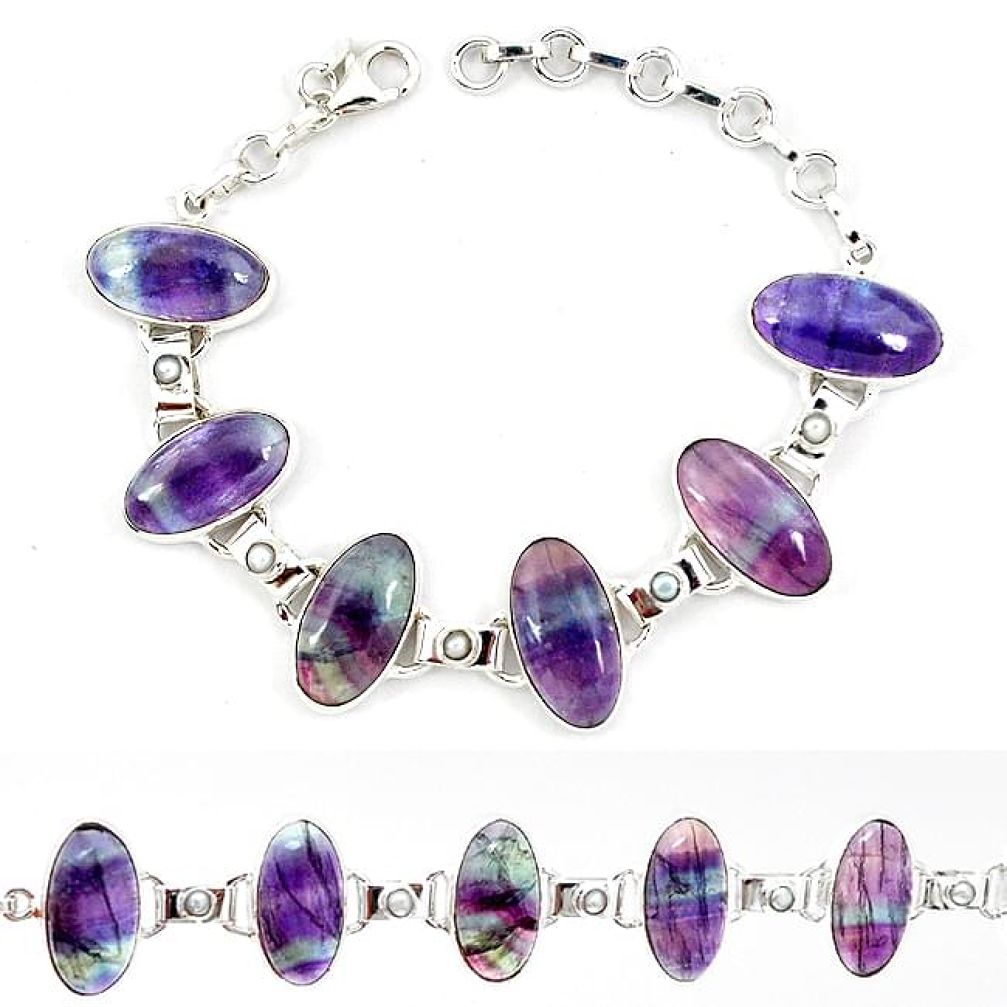 Natural multi color fluorite pearl 925 sterling silver tennis bracelet j52393