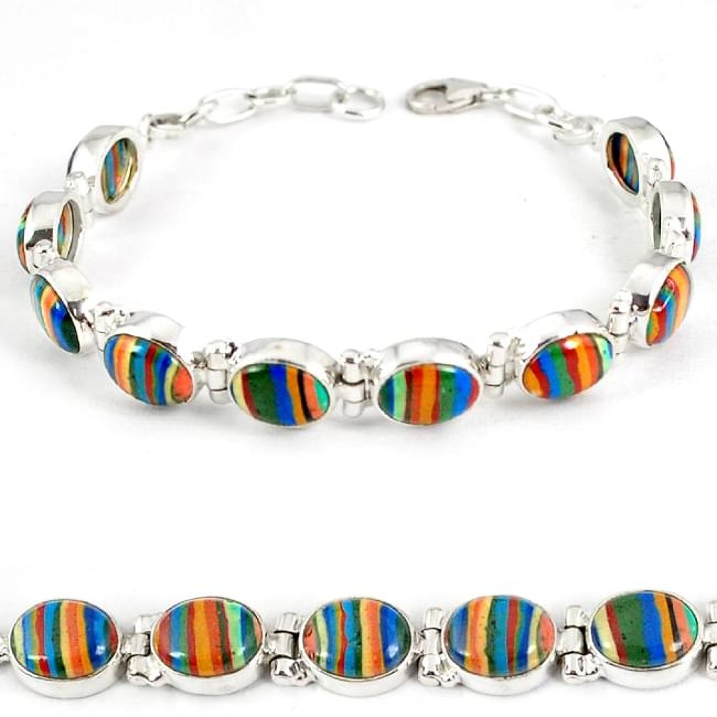 Natural multi color rainbow calsilica 925 sterling silver tennis bracelet j6834