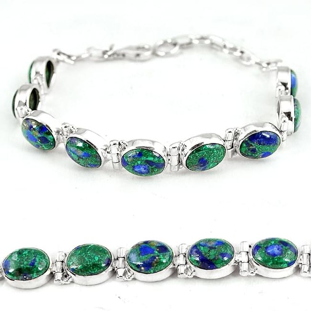 Natural green malachite in azurite oval 925 sterling silver bracelet k14449