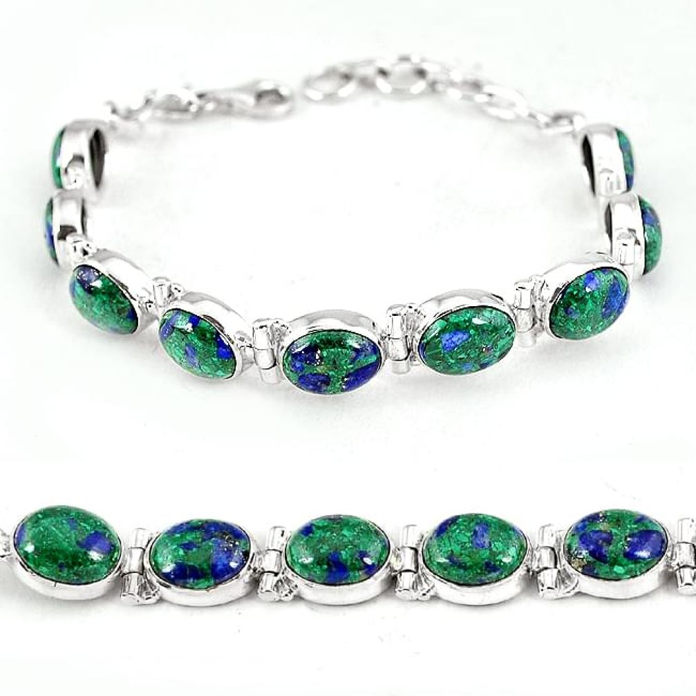 Natural green malachite in azurite oval 925 sterling silver bracelet k14453