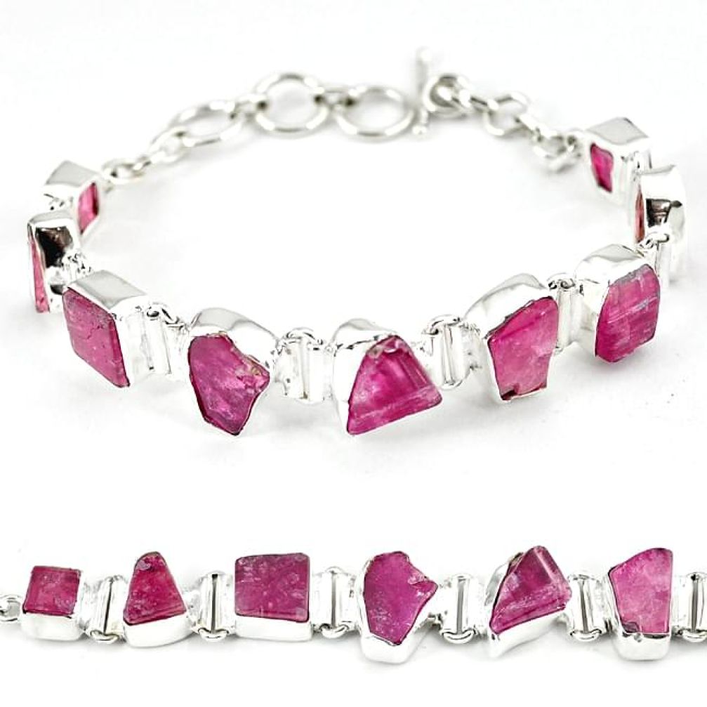 Natural pink tourmaline rough 925 sterling silver bracelet jewelry k16648