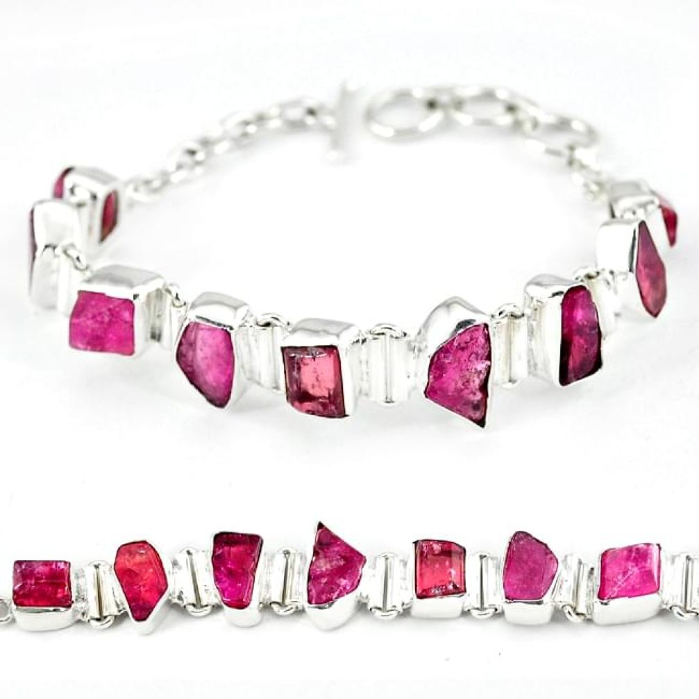 Natural pink tourmaline rough 925 sterling silver bracelet jewelry k16655