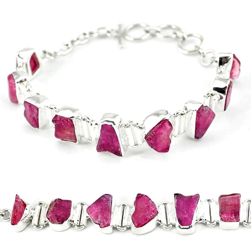 Natural pink tourmaline rough 925 sterling silver bracelet jewelry k16657